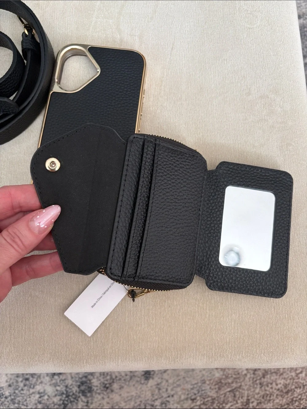 Bandolier Black Leather Crossbody Phone Case Set with Gold Hardware